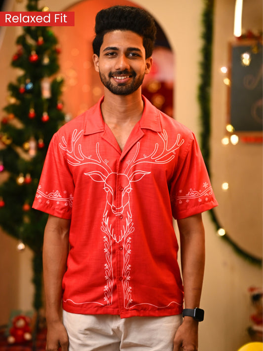 Men Reindeer Cuban Collar Shirt (Relaxed Fit)